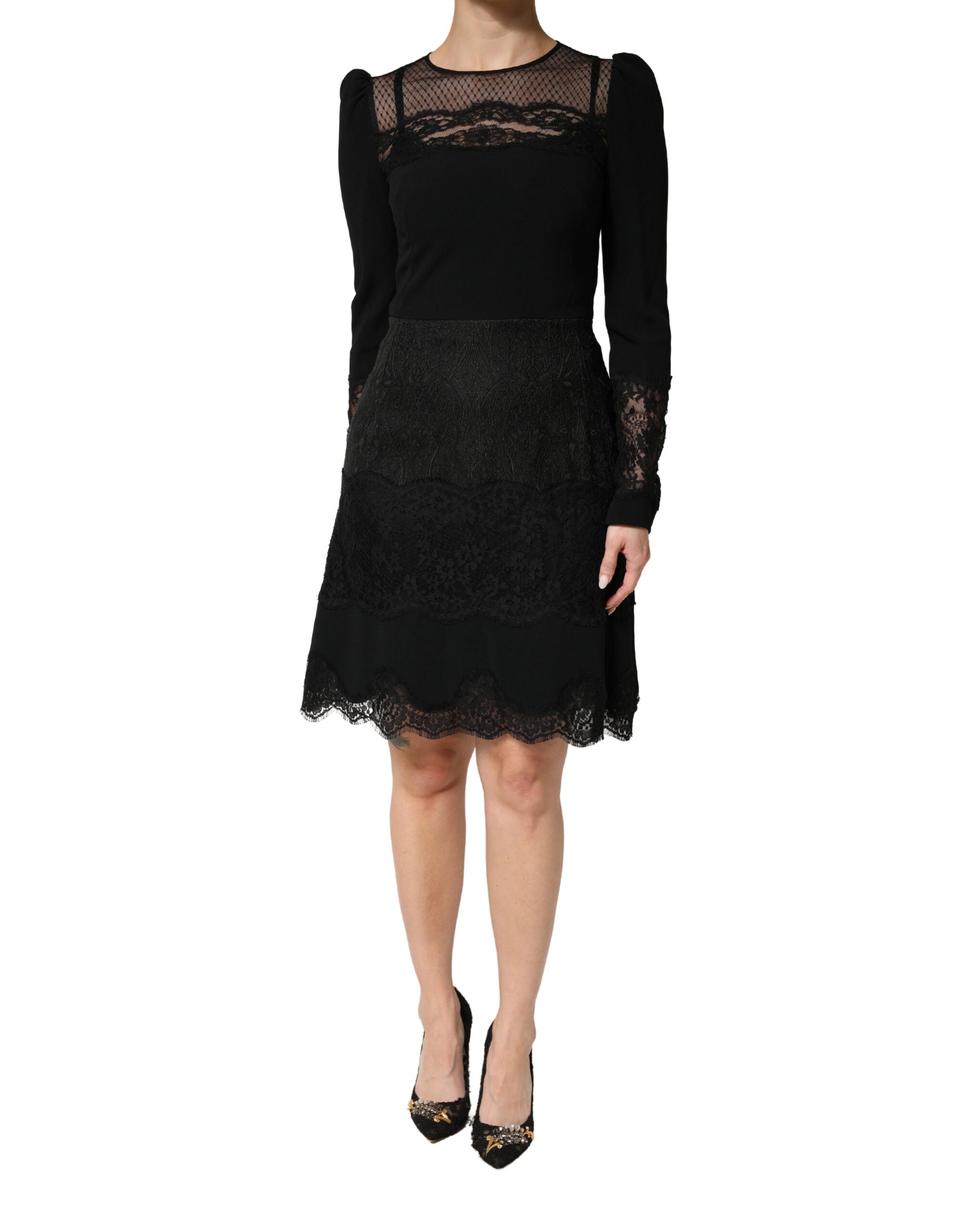 Lace Sheer Panel Dress — Black