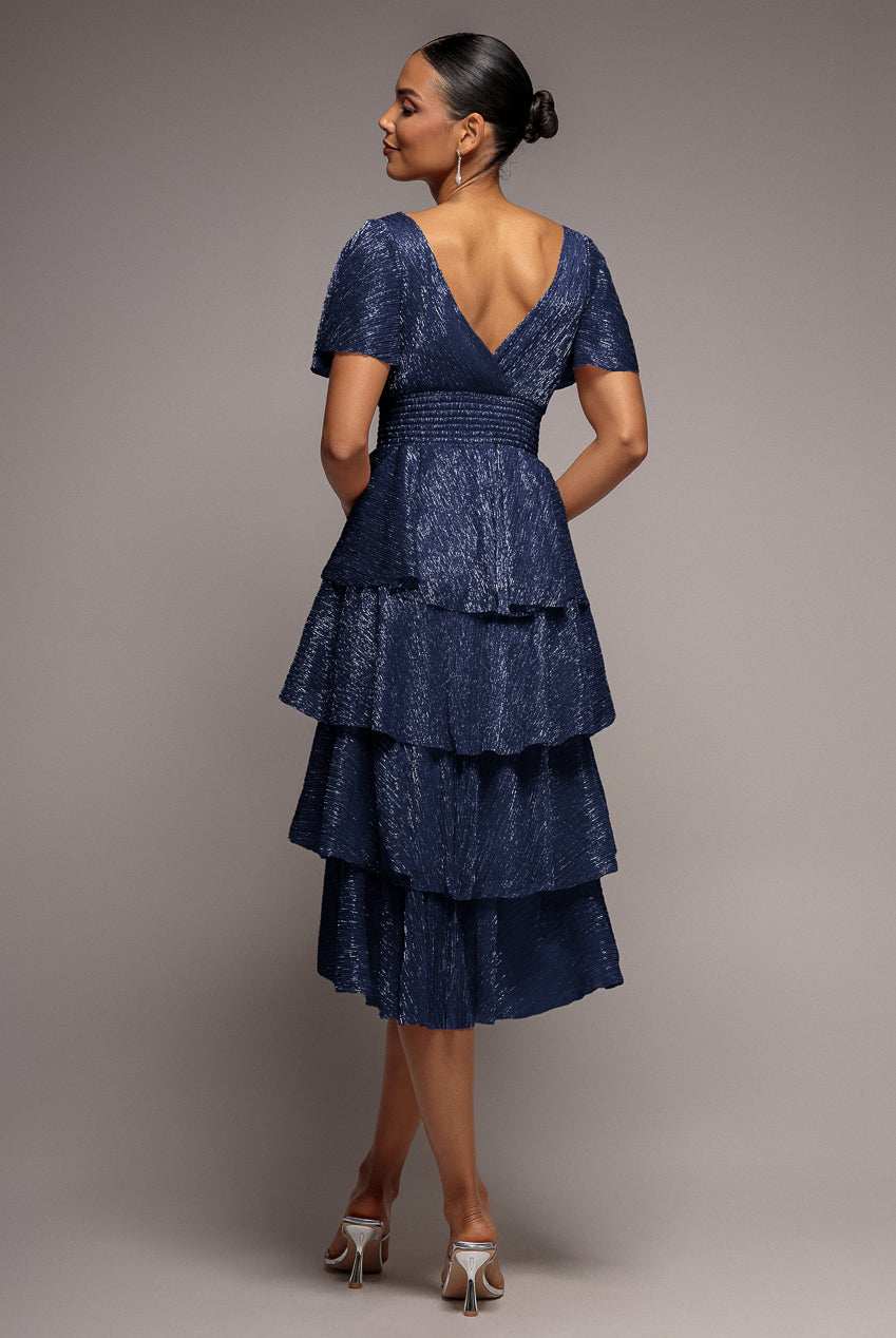 Goddiva Crinkle Lurex High Low Layered Midi Dress - Navy
