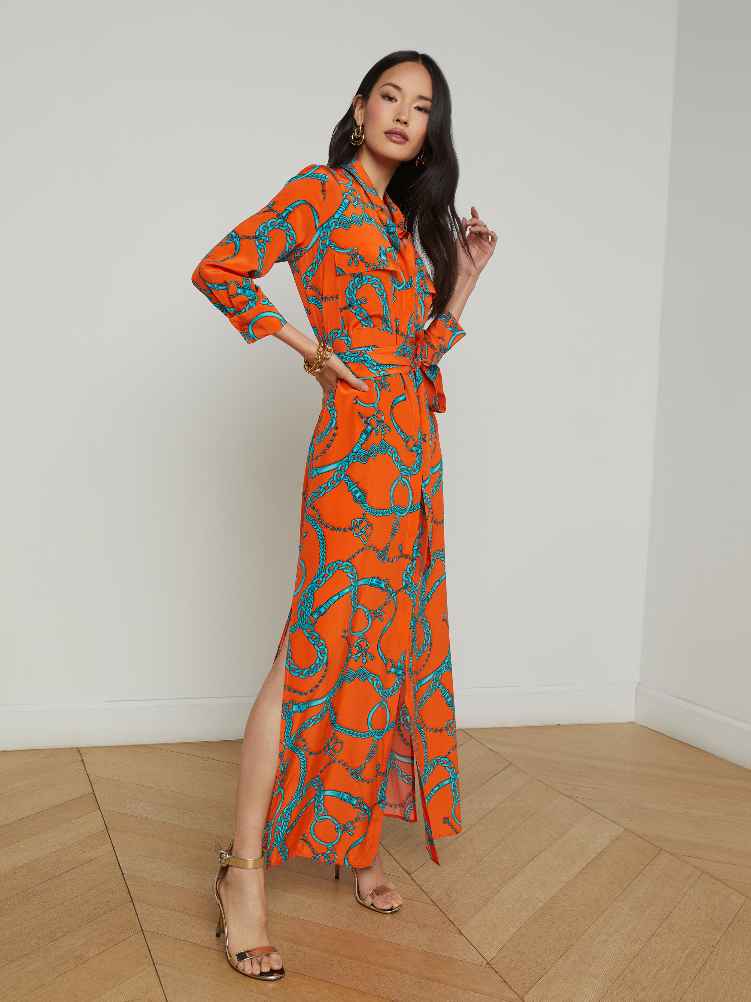Cameron Silk Shirt Dress In Orange/Teal Buckle Chain