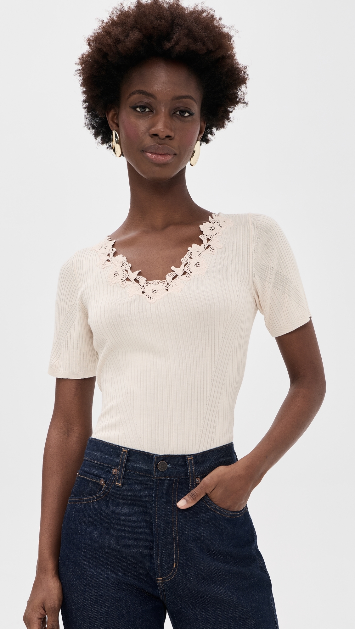 Celeste Short Sleeve Knit Top with Lace Pearled Ivory