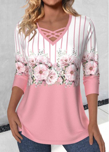 Modlily Pink Criss Cross Floral Print Long Sleeve T Shirt