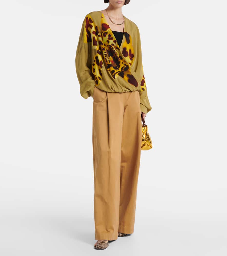 Printed draped satin blouse