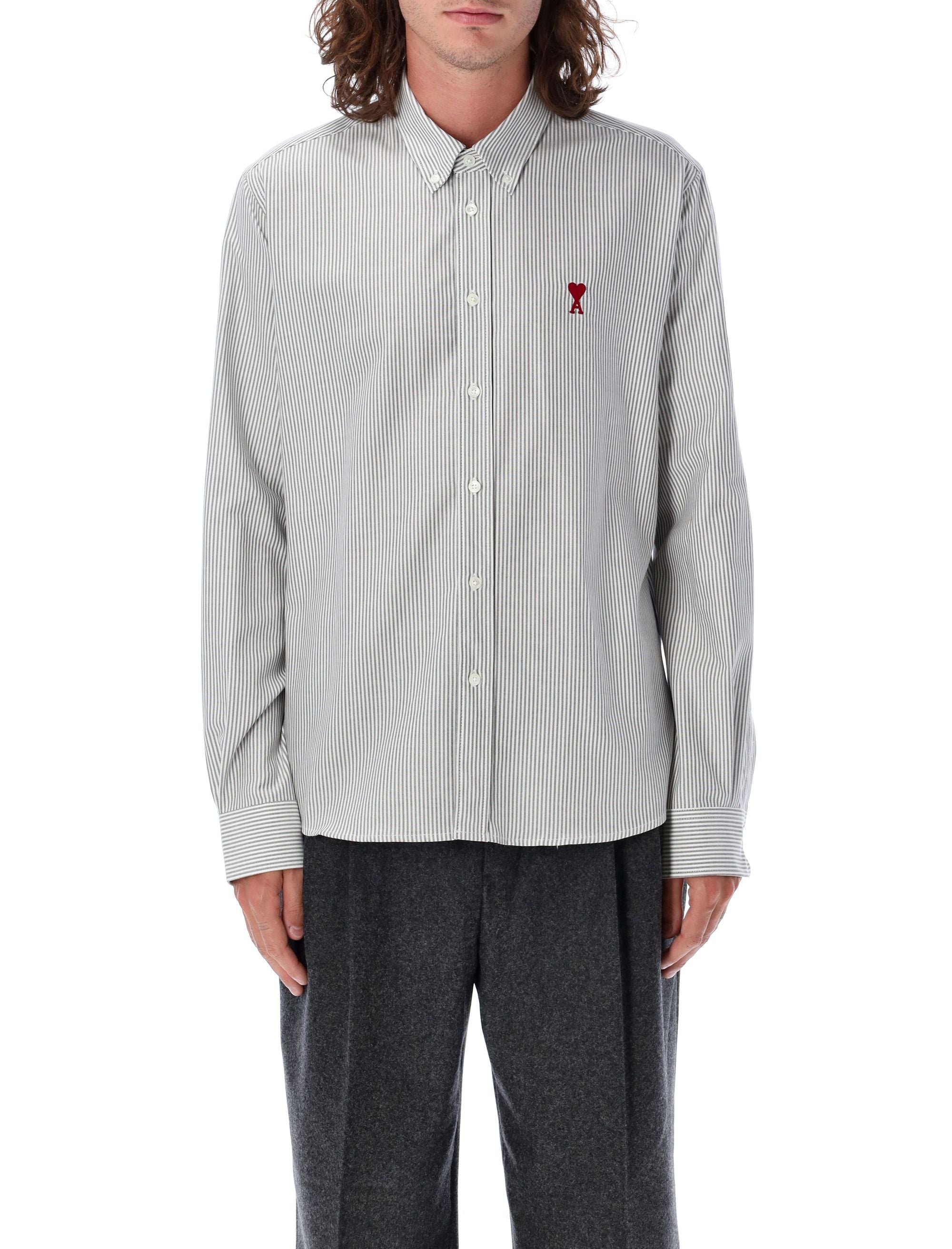 Men's Regular Fit Fine Striped Cotton Shirt with Red Heart Embroidery