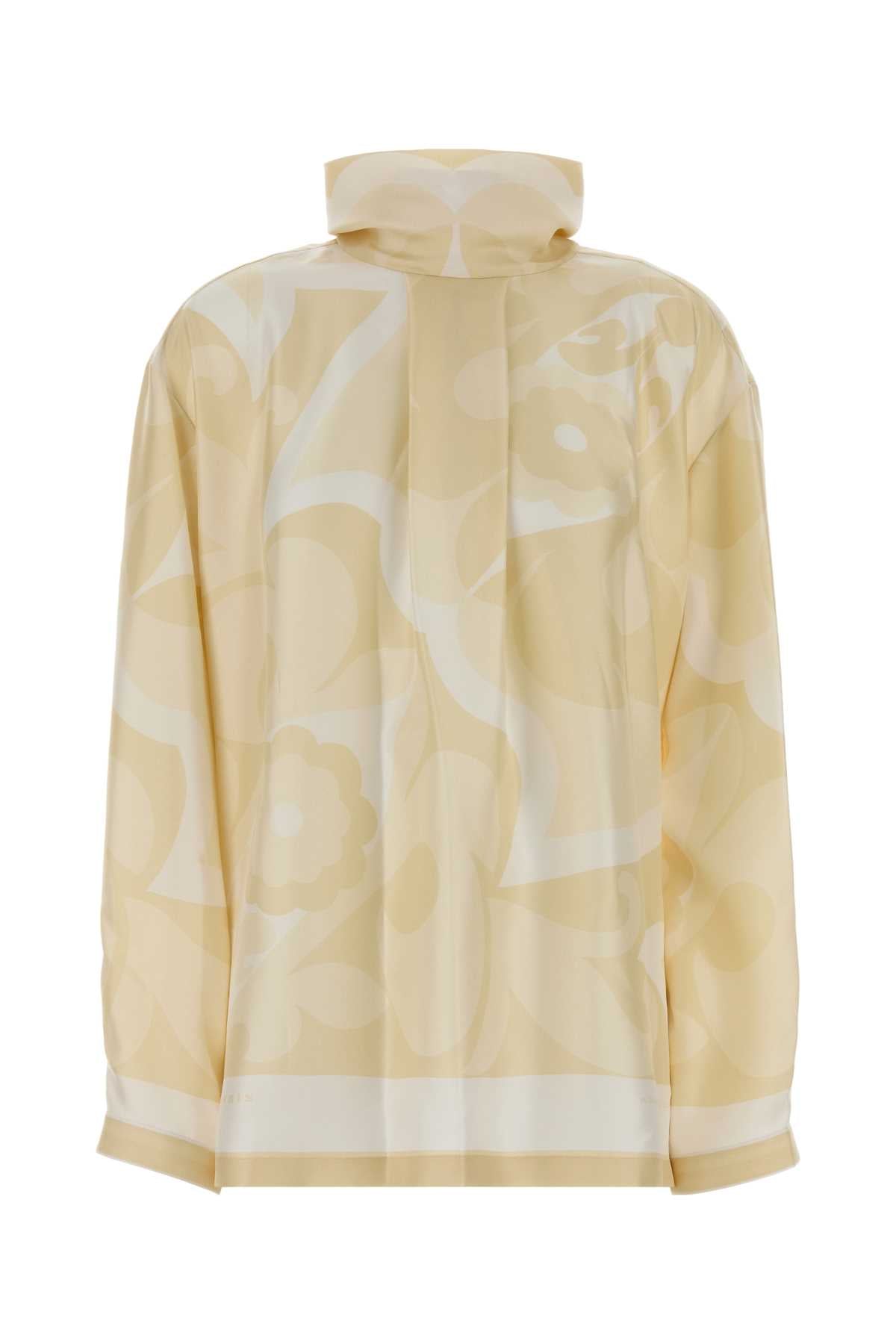 Daisy-Print Silk Shirt — Beige