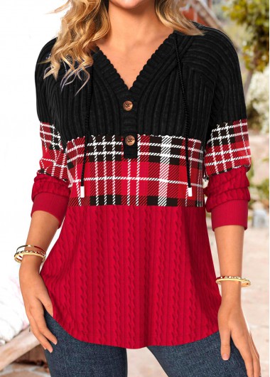 Modlily Orange Patchwork Plaid Long Sleeve Hoodie