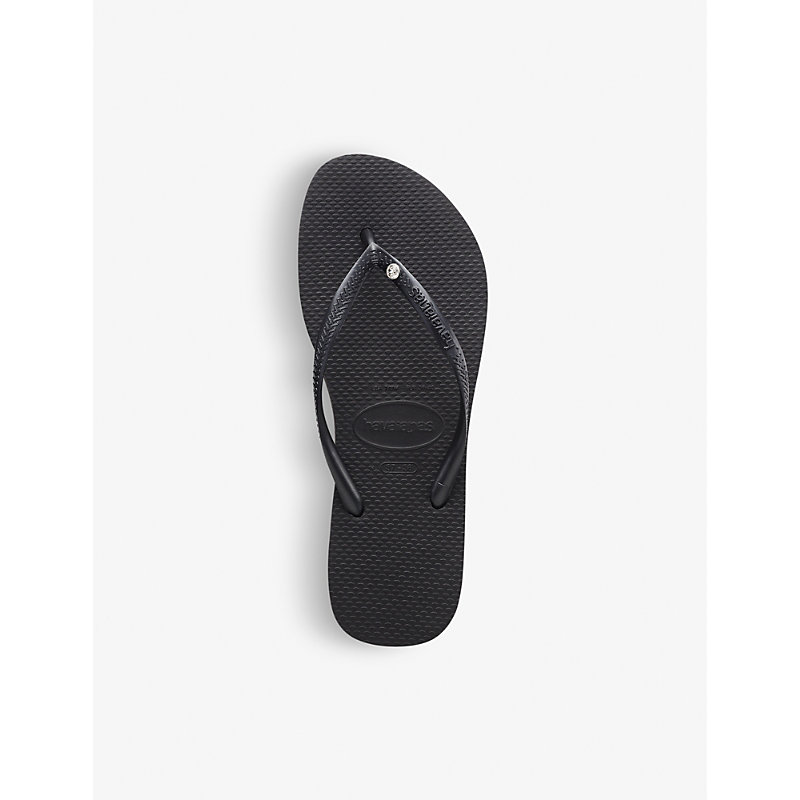 Womens Black Slim Crystal-embellished Rubber Flip-flops