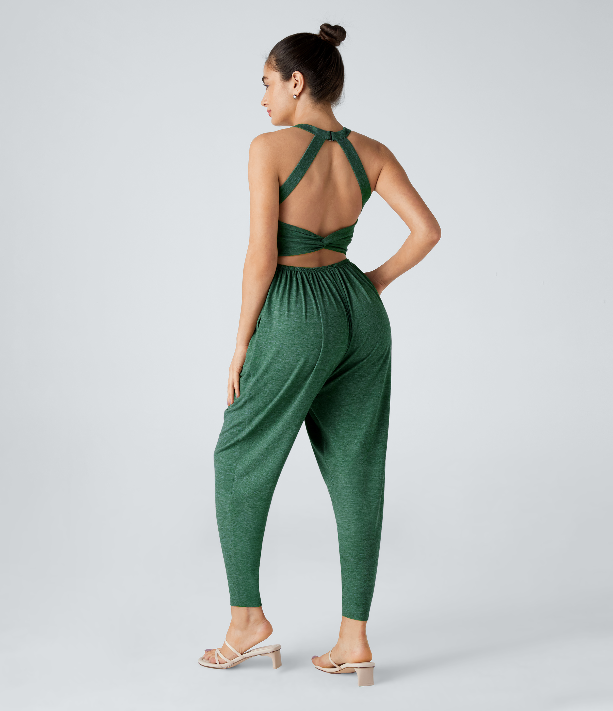 U Neck Pocket Harem Casual Jumpsuit-Easy Peezy Edition  - Dark Green Floral Yarn