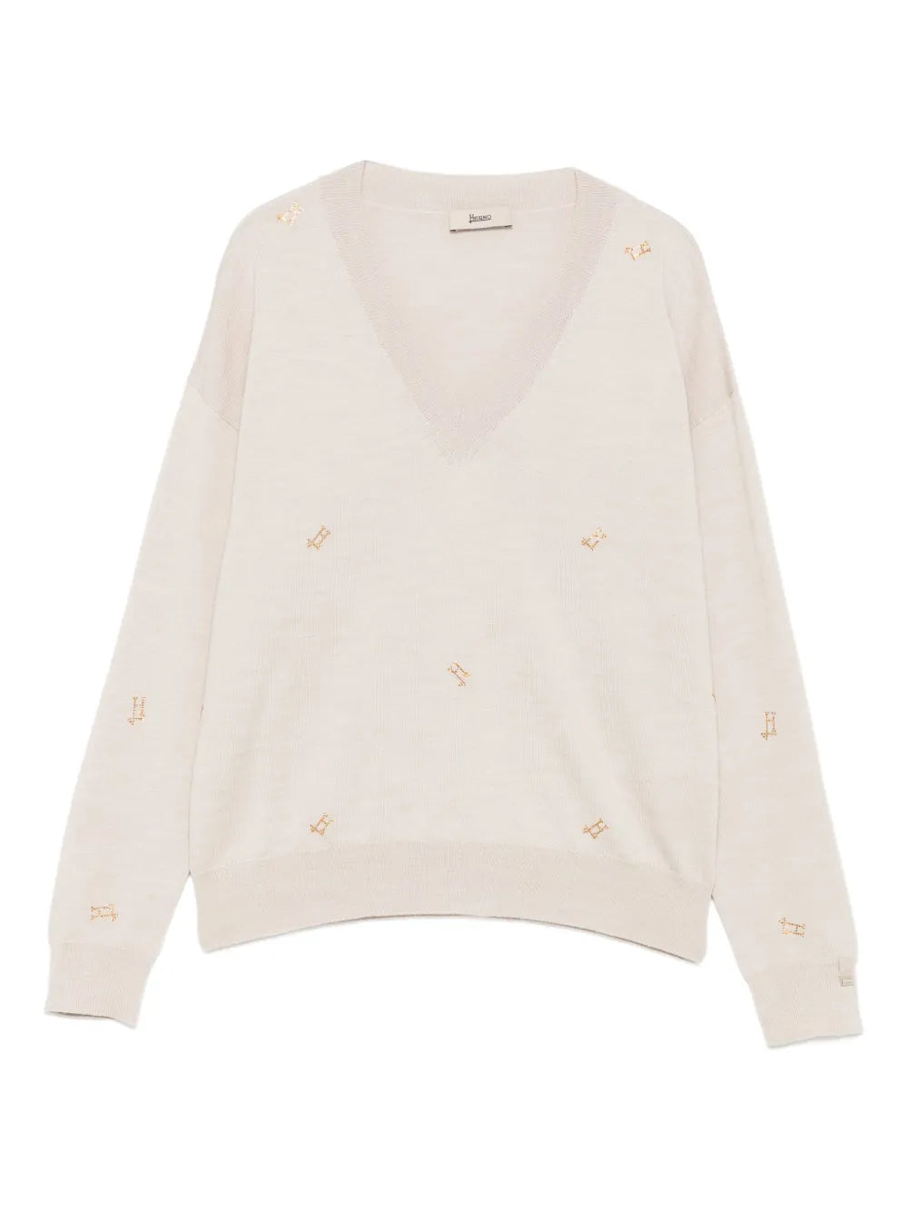 Gold-Embellished V-Neck Sweater — beige