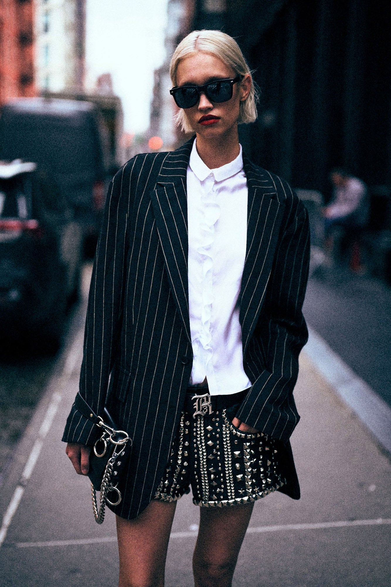 R13 Oversized Ragged Blazer - Black White Pinstripe