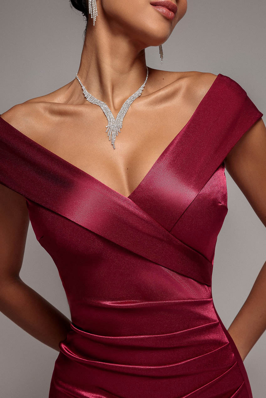 Goddiva Satin Off Shoulder Pleated Maxi Dress - Berry