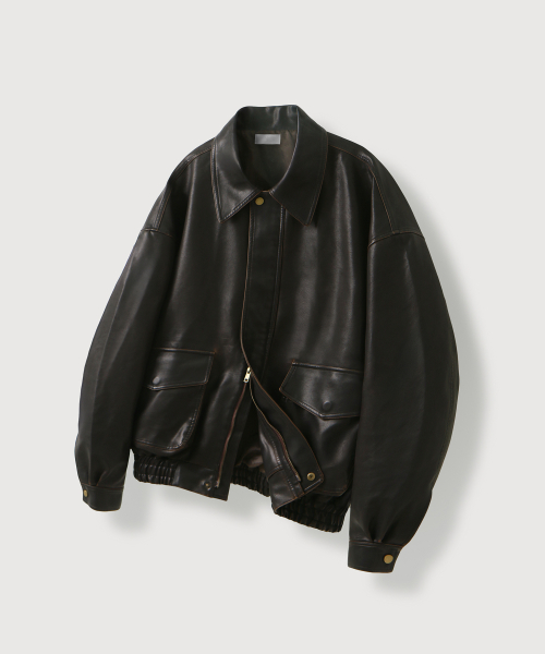 Washing Leather Real Pocket Bomber Jacket_Brown
