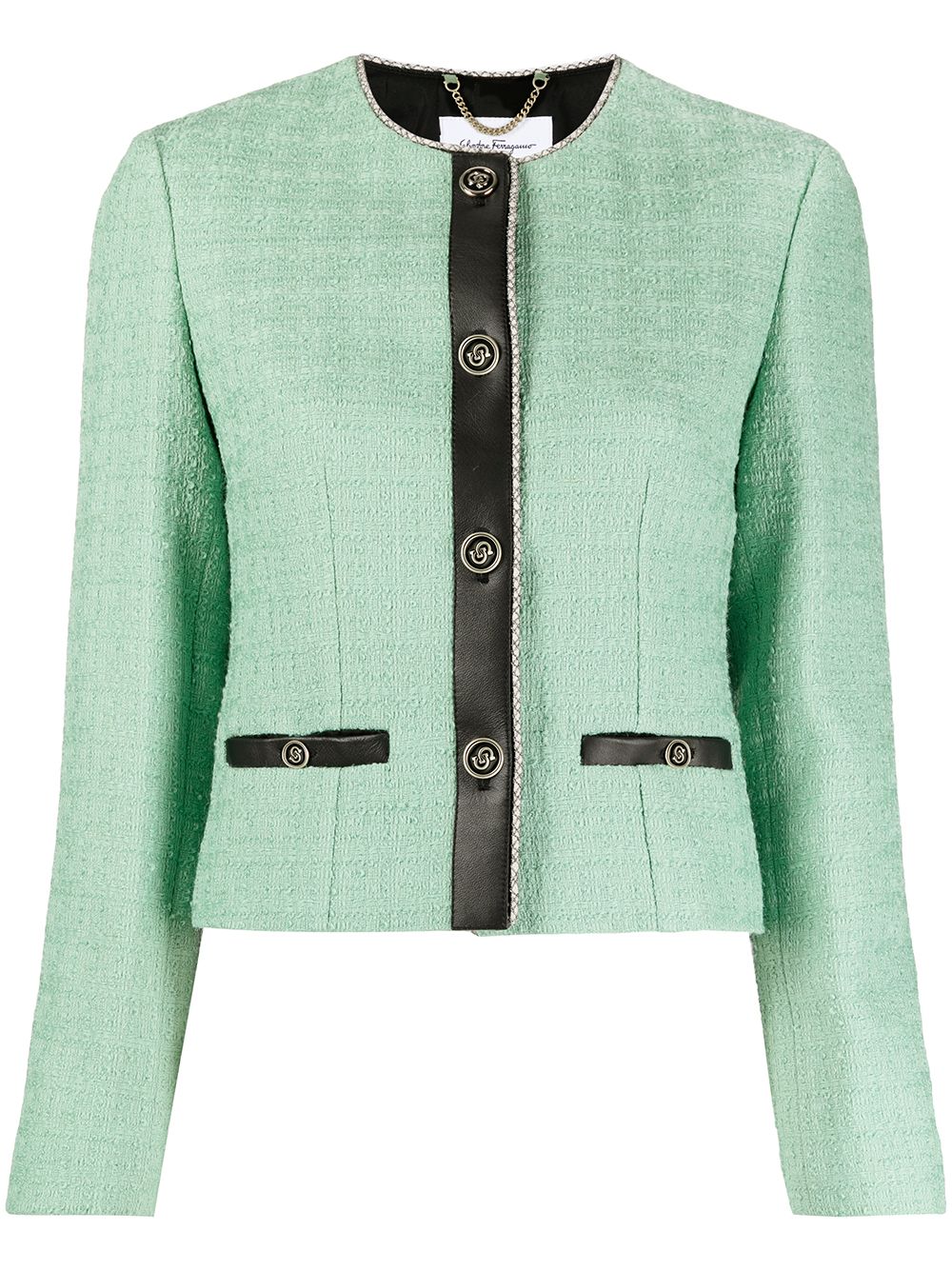 Leather-trim tweed jacket - Green