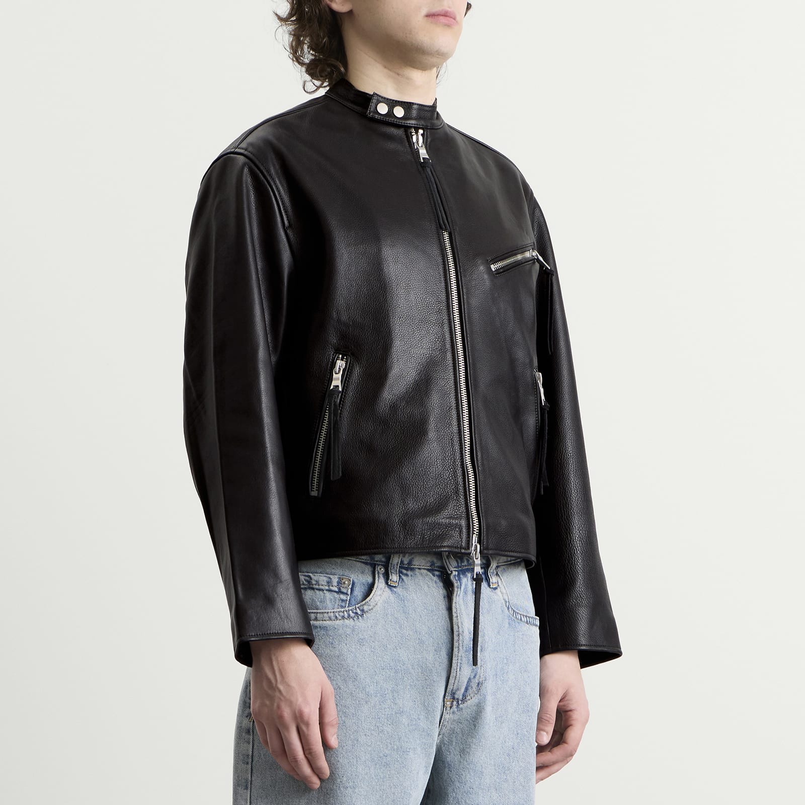 Men's Cropped Leather Racer Jacket Black