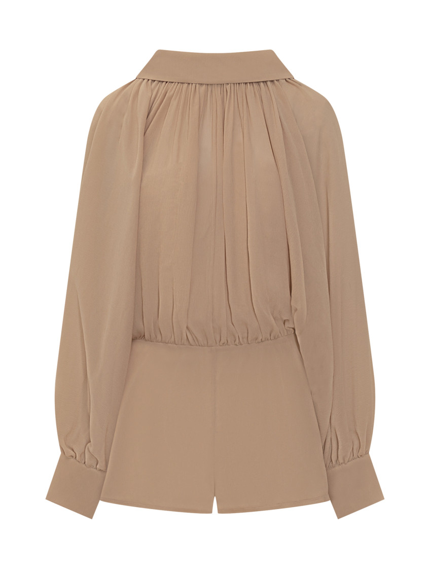Beige Solid Shirt Collar Jumpsuit