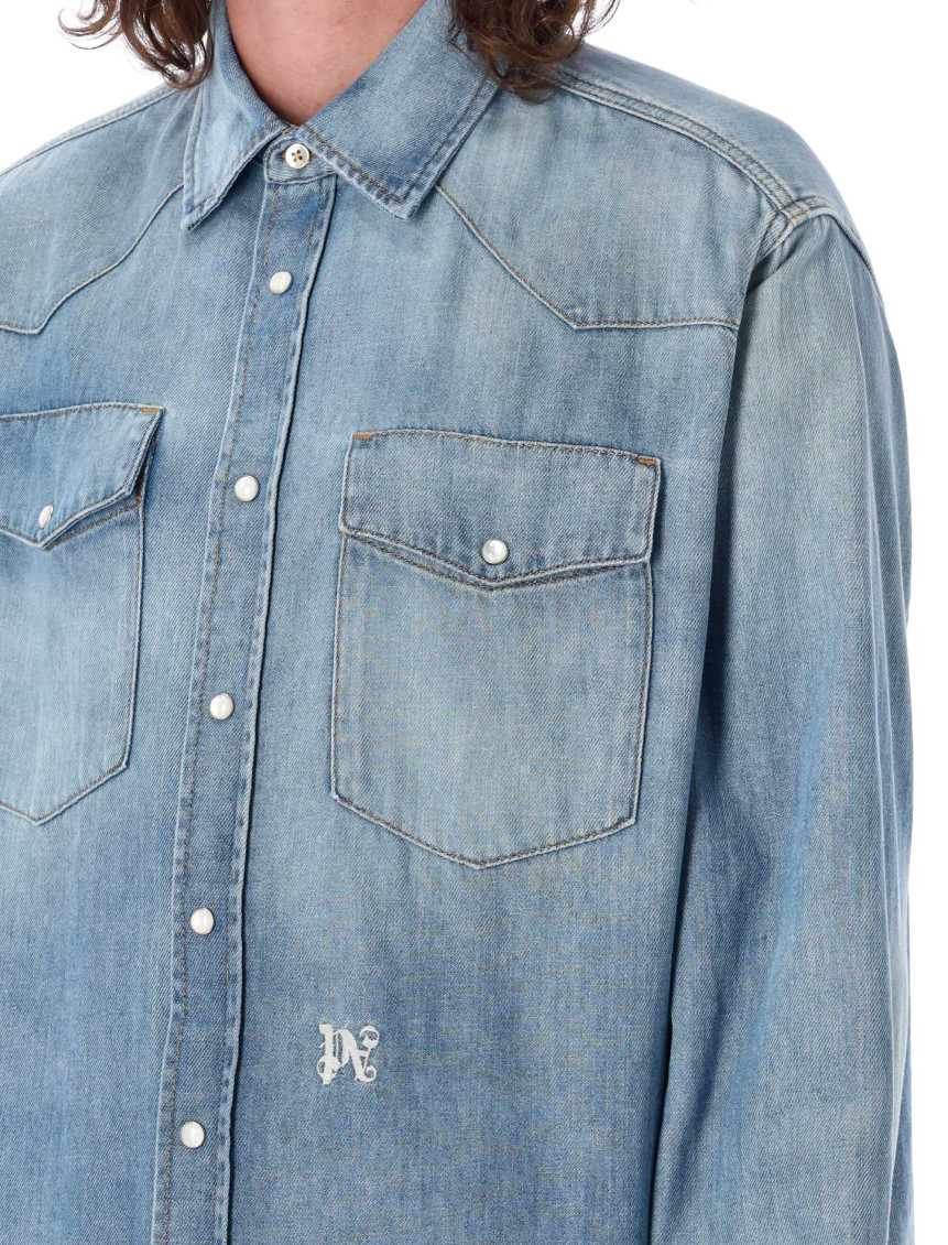 Monogram-embroidered denim shirt - Blue