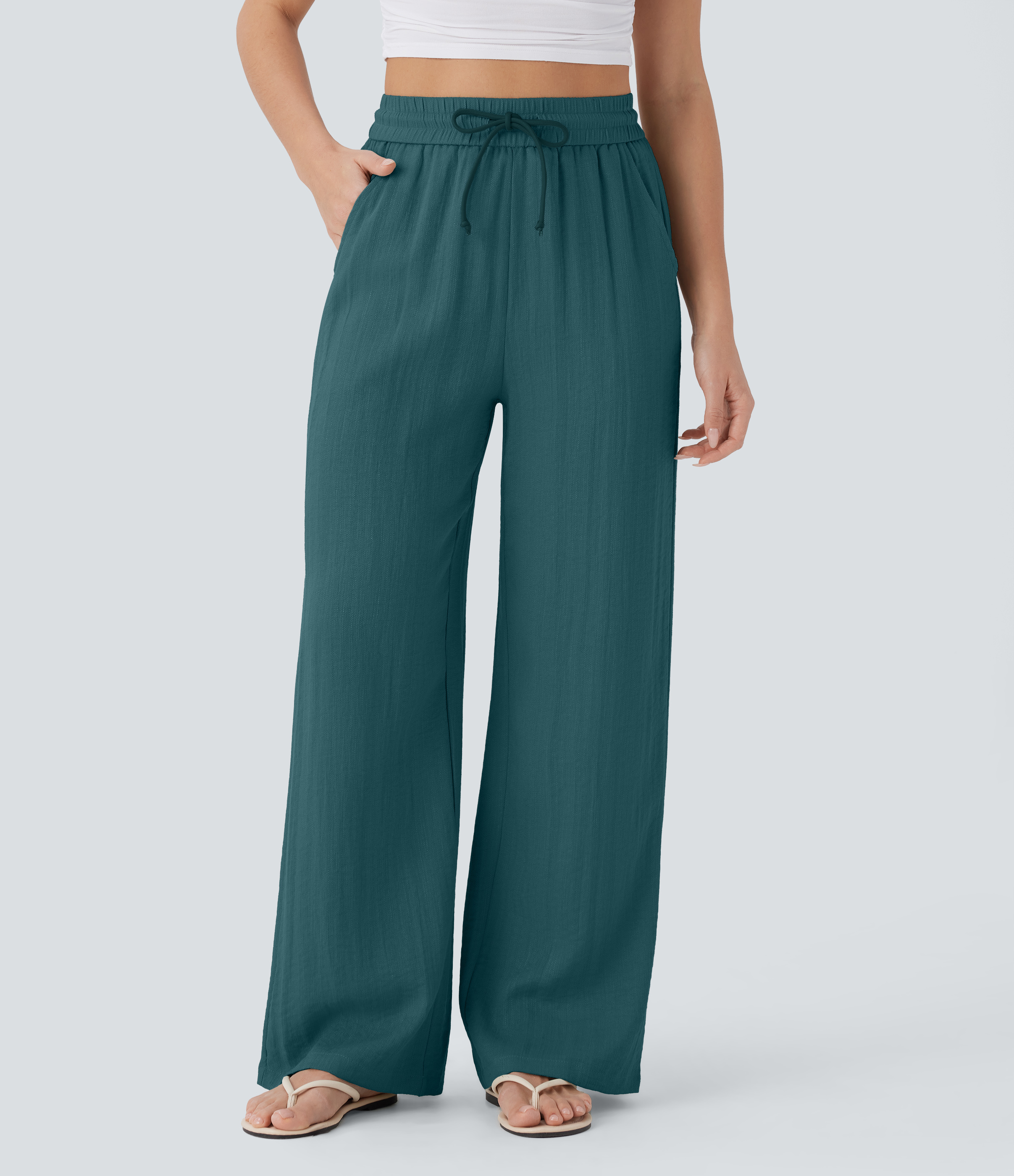 High Waisted Drawstring Pocket Wide Leg Casual Linen-Feel Pants  - Atlantic Deep