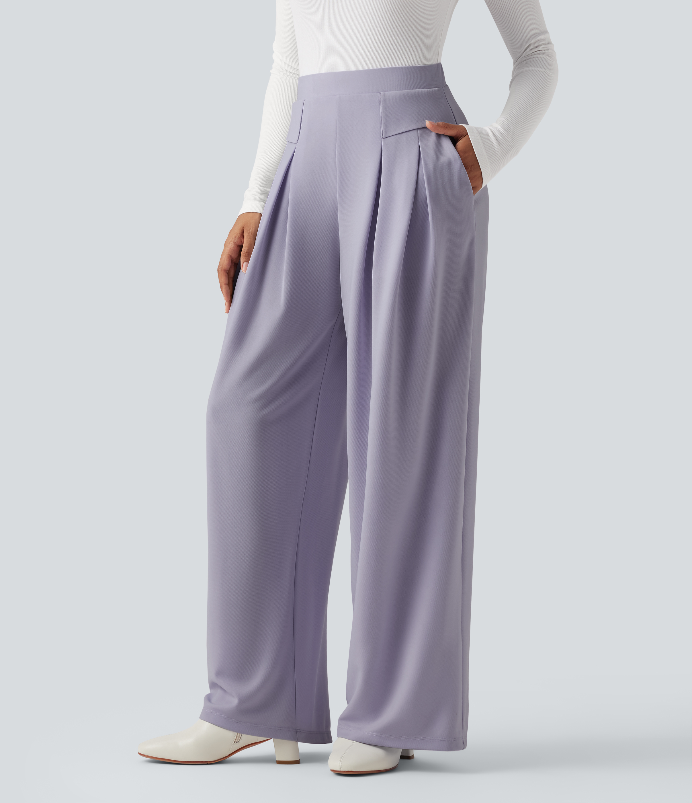 High Waisted Work Wide Leg Pants with Pockets  - Lavender Aura