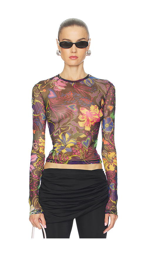 AREA Hotfix Printed Tulle Long Sleeve Top in Multi. XS also in