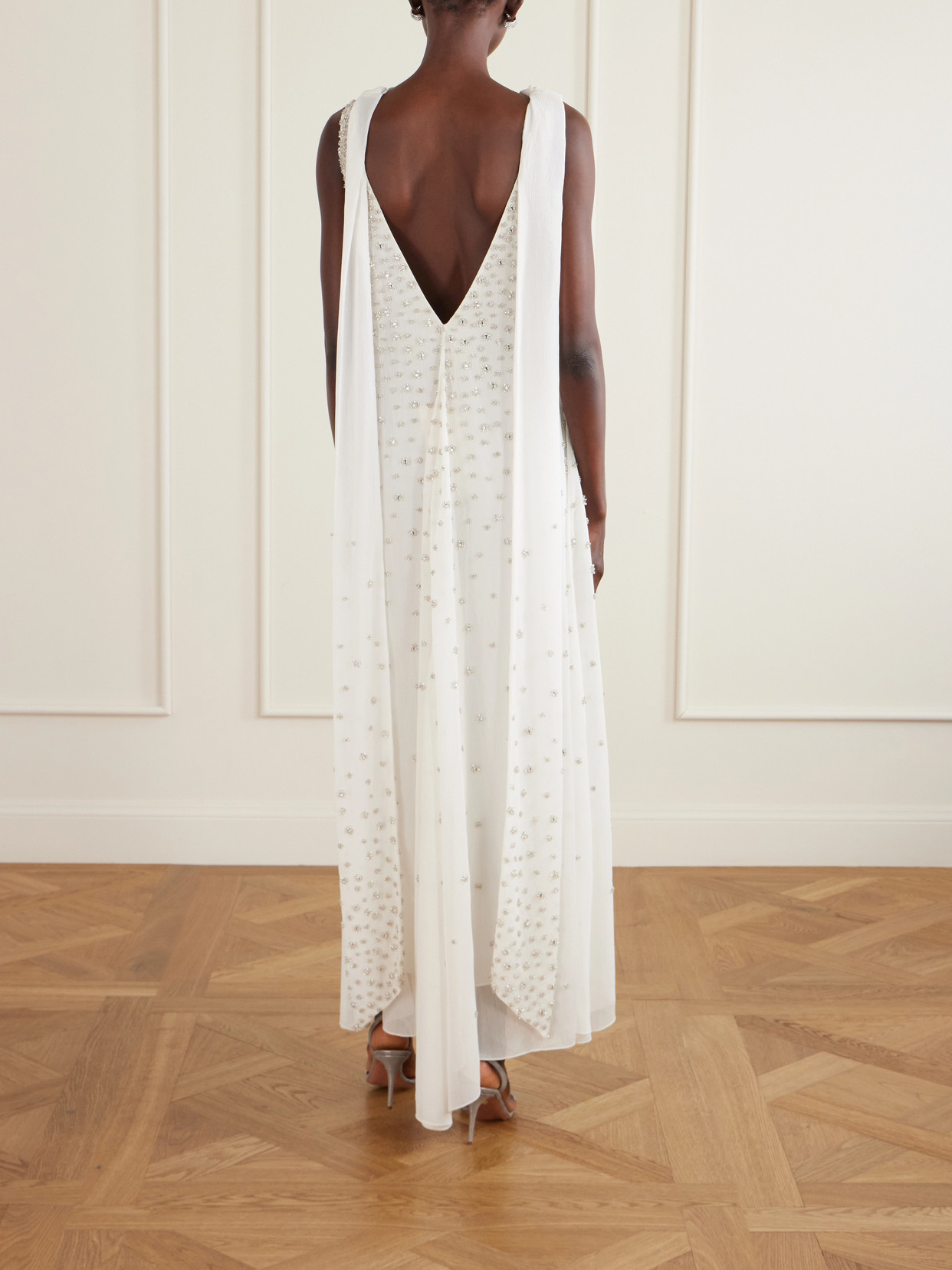 Kaia Scarf-detailed Crystal-embellished Crinkled-chiffon Gown - White