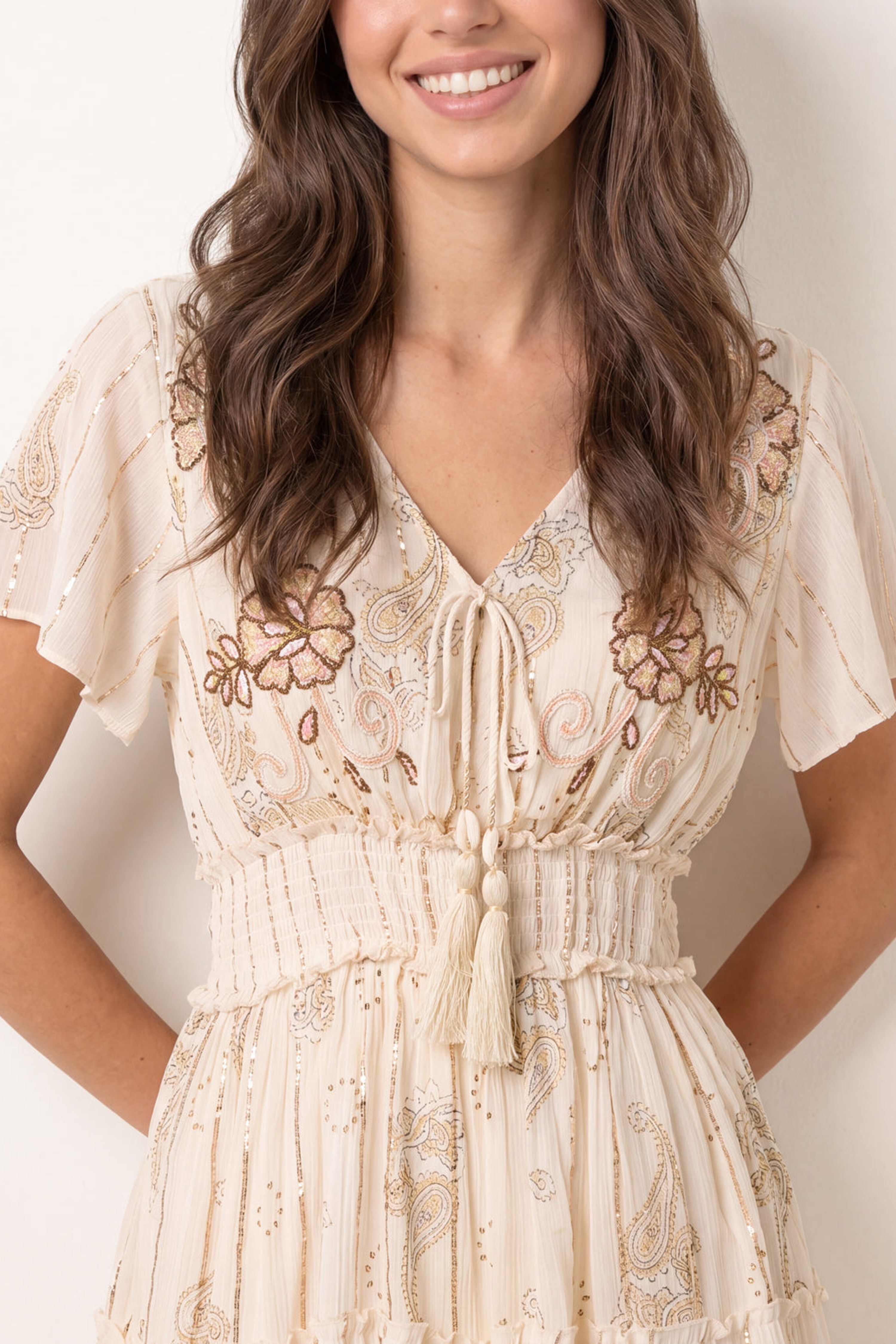Blue Vanilla Women's Shirred Waist Beige Short Sleeve V-neck Mini Dress | : Large
