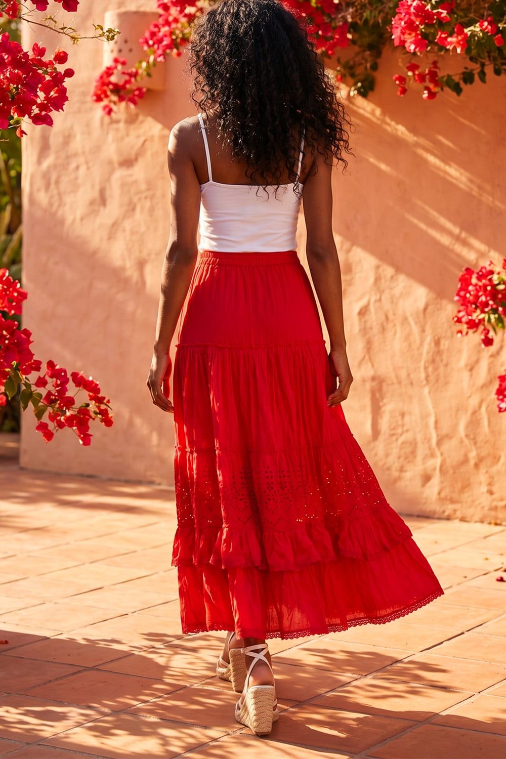 Roman Women's Broderie Tiered Maxi Skirt in Red