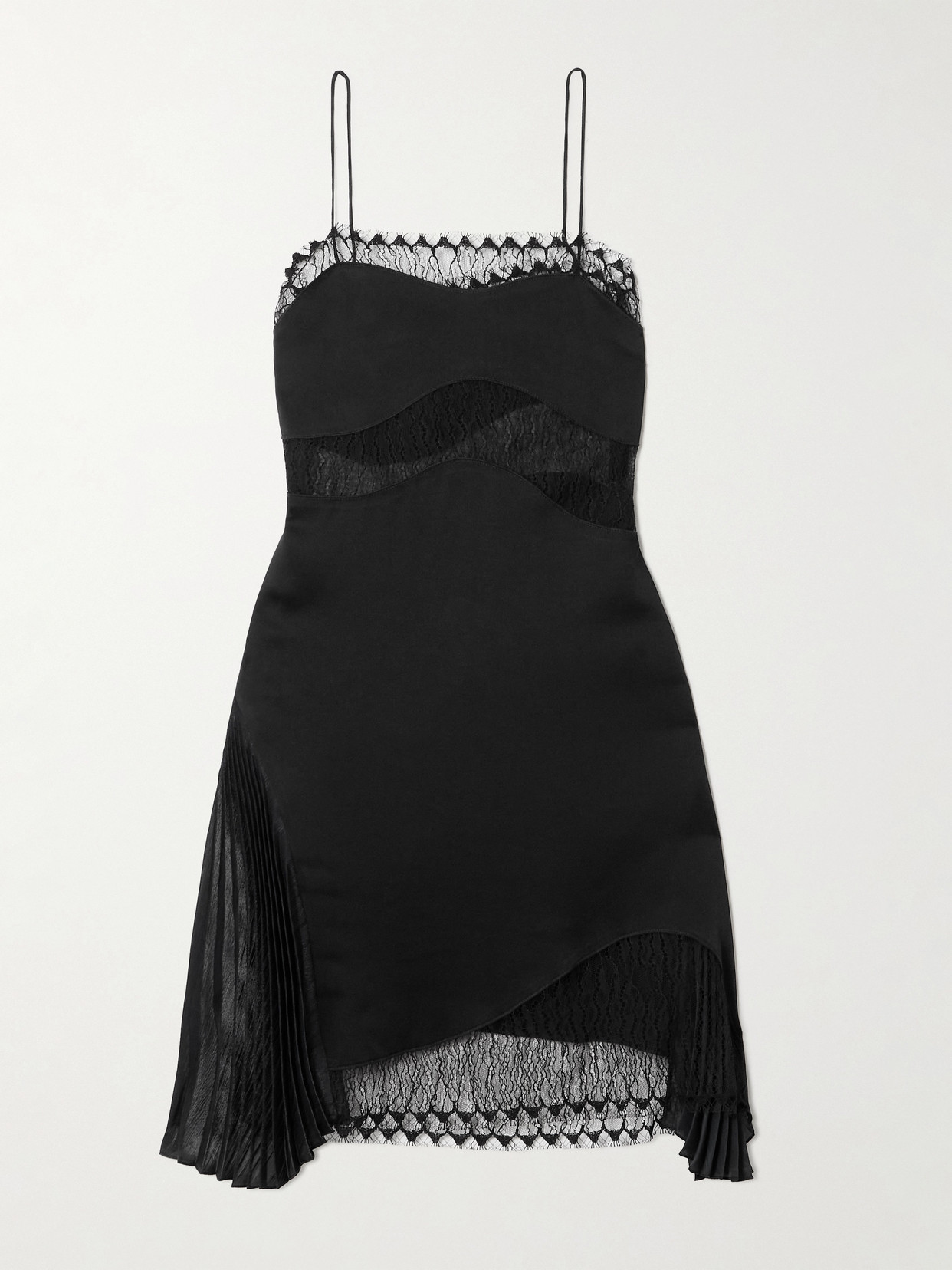 Pleated Chiffon And Lace-trimmed Satin-crepe Mini Dress - Black