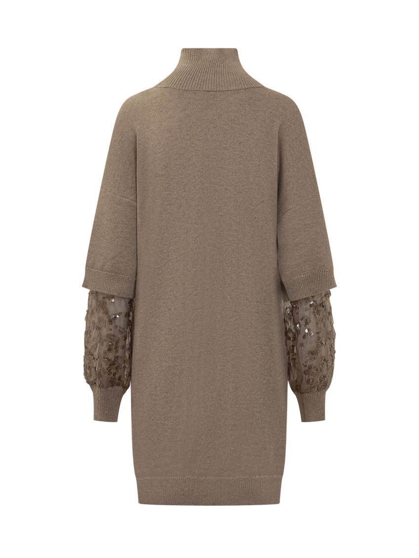 Beige Embellished Mock Collar Mini Dress