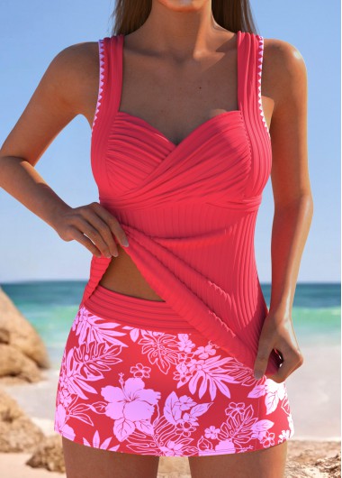Modlily Mid Waisted Floral Print Coral Tankini Set