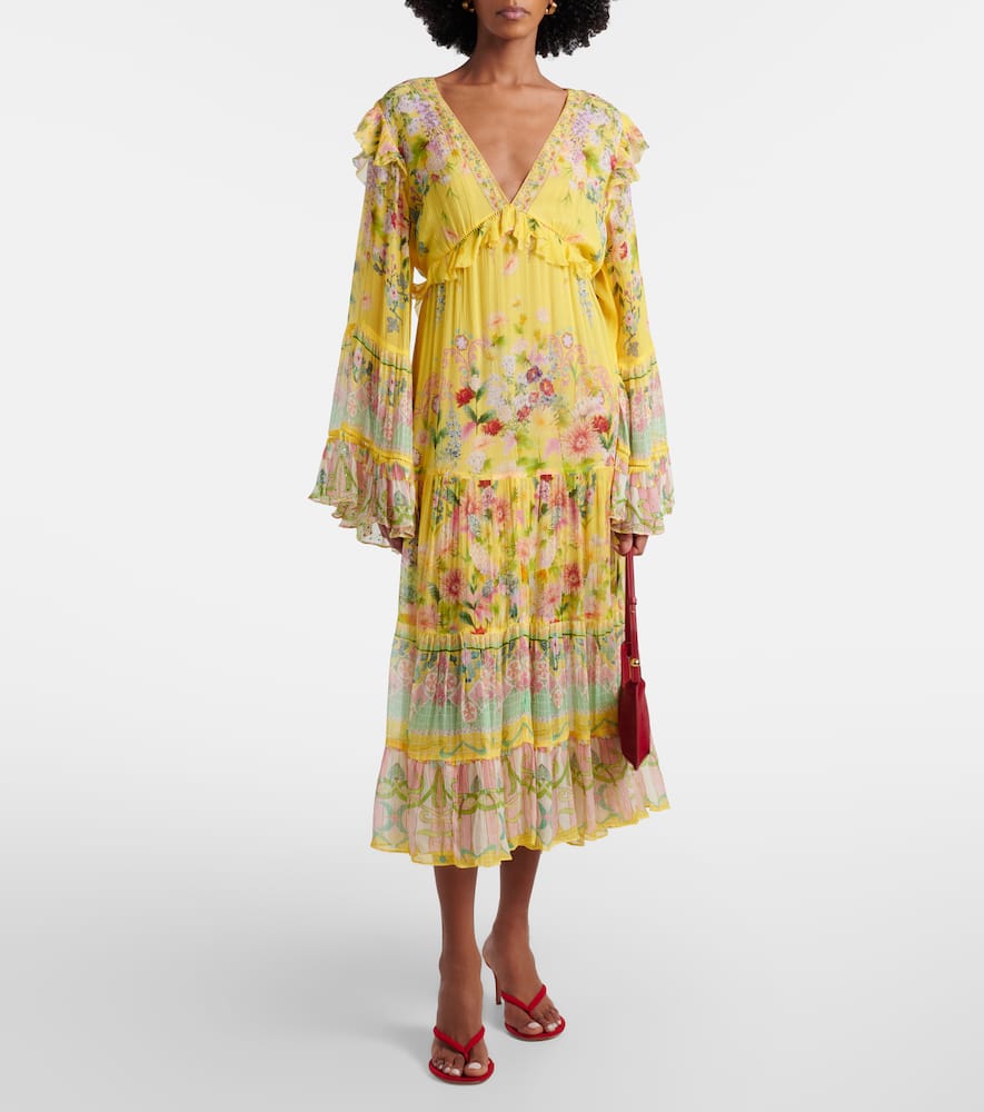 Printed ruffled silk chiffon midi dress