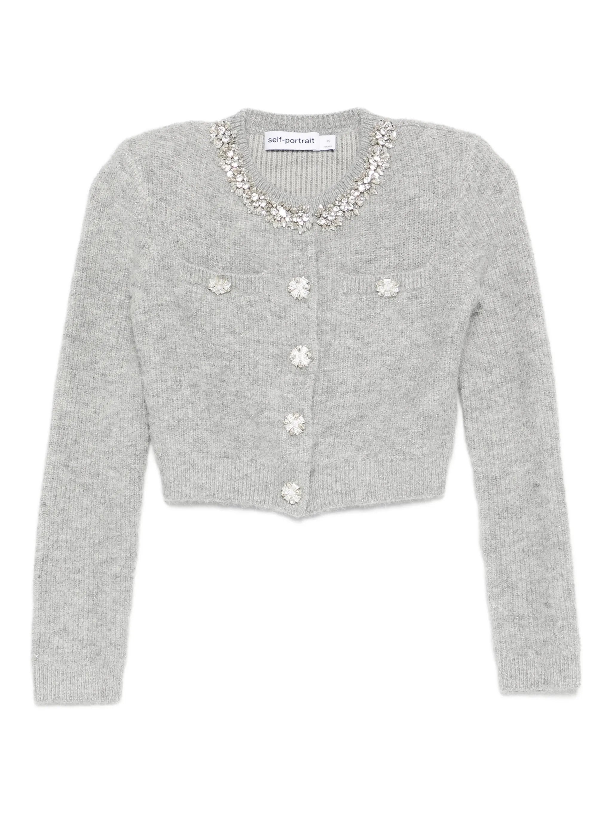 Crystal-Button Knit Cardigan with Front Snap Closure