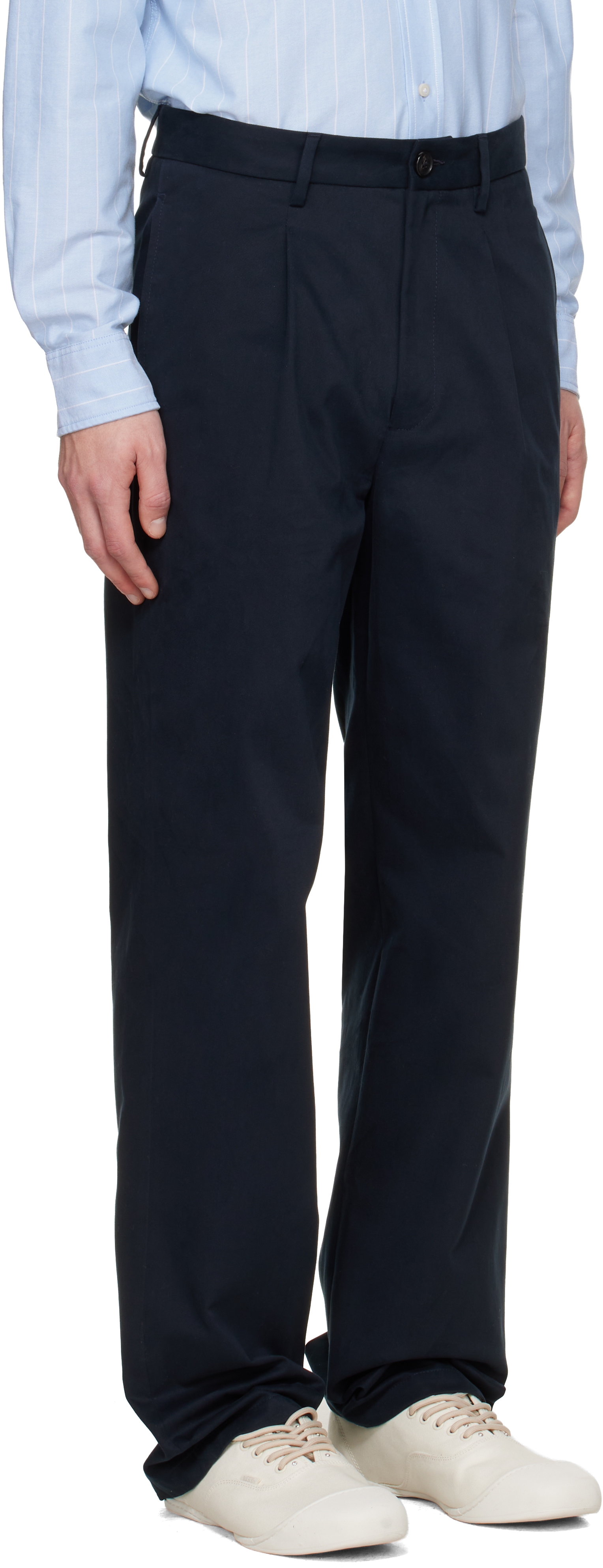 Navy Sanded Twill Pleated Trousers