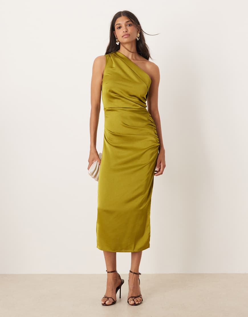 One shoulder ruched side midi dress in green