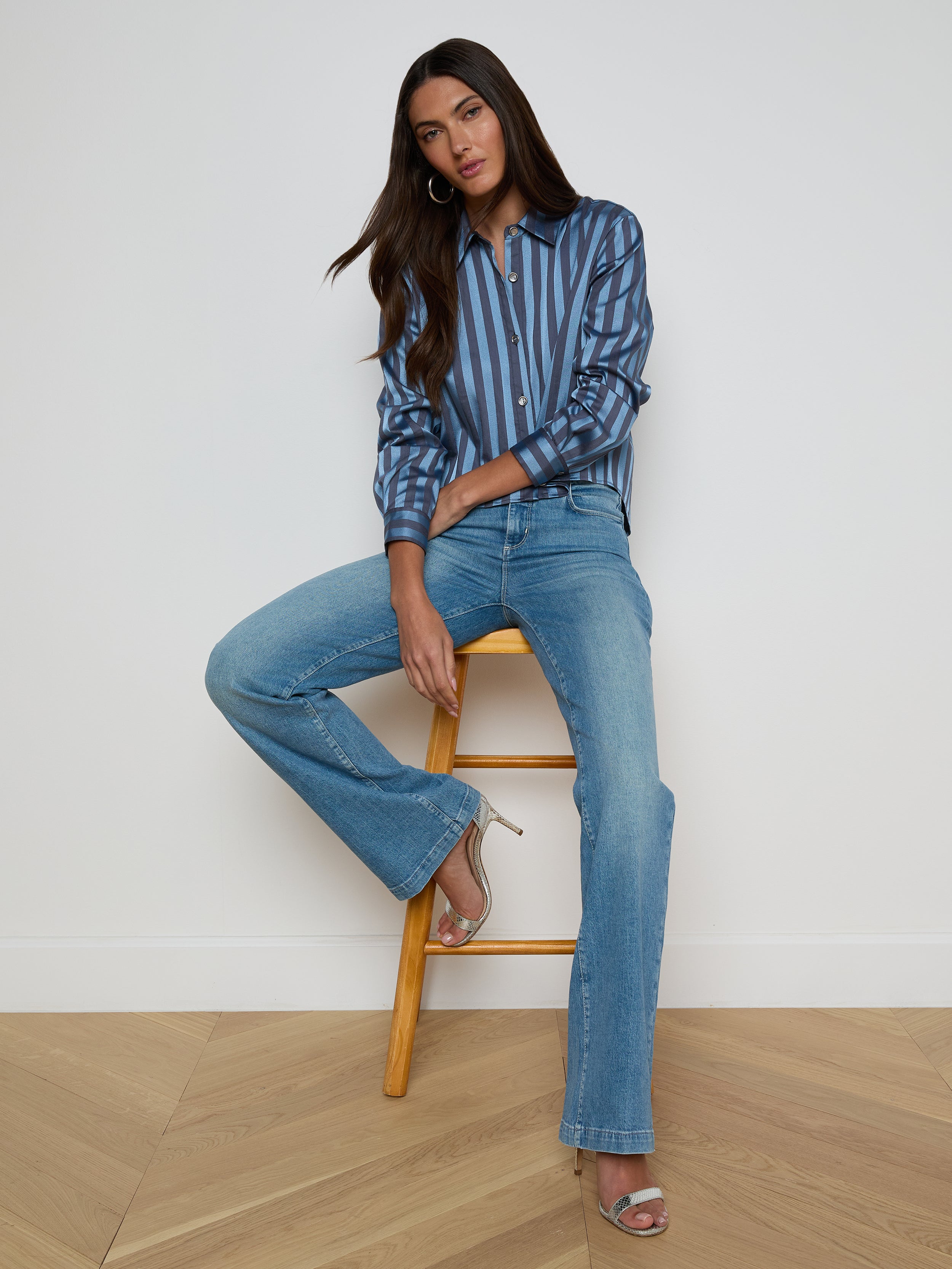 Cosette Satin Shirt In Blue Multi Stripe