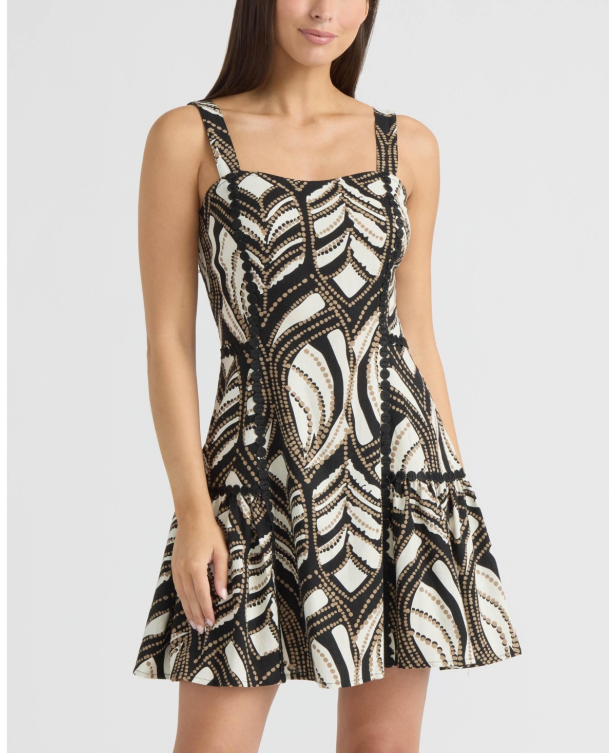 Women's Linen Dotted Lace Trim Dress - Black coastal geo