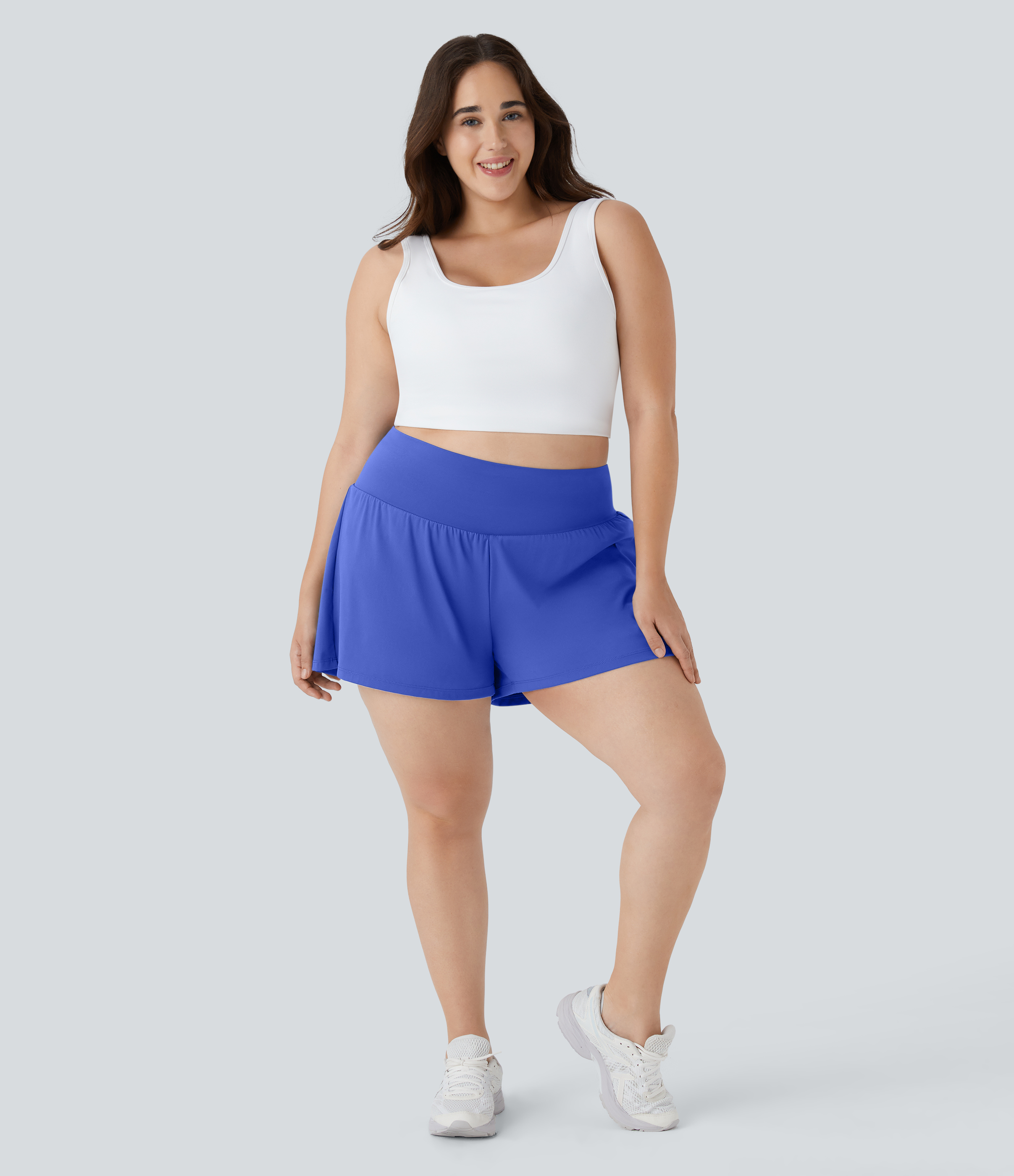 Super High Waisted Pocket & Pocket 2-in-1 Yoga Plus Size Shorts 4''-Longer Length Gym Short - Aster Blue