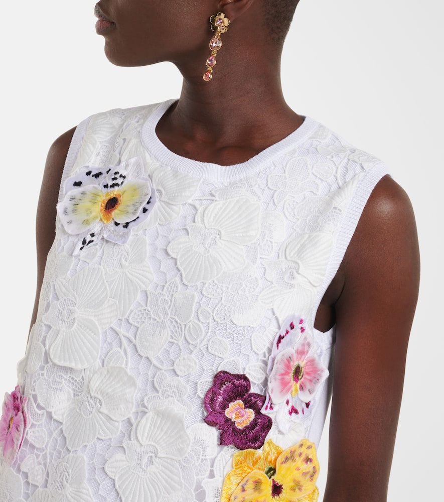 Lace-trimmed floral-appliqué cotton-blend top