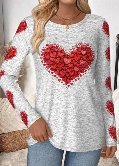 Modlily Multi Color Heart Print Long Sleeve T Shirt