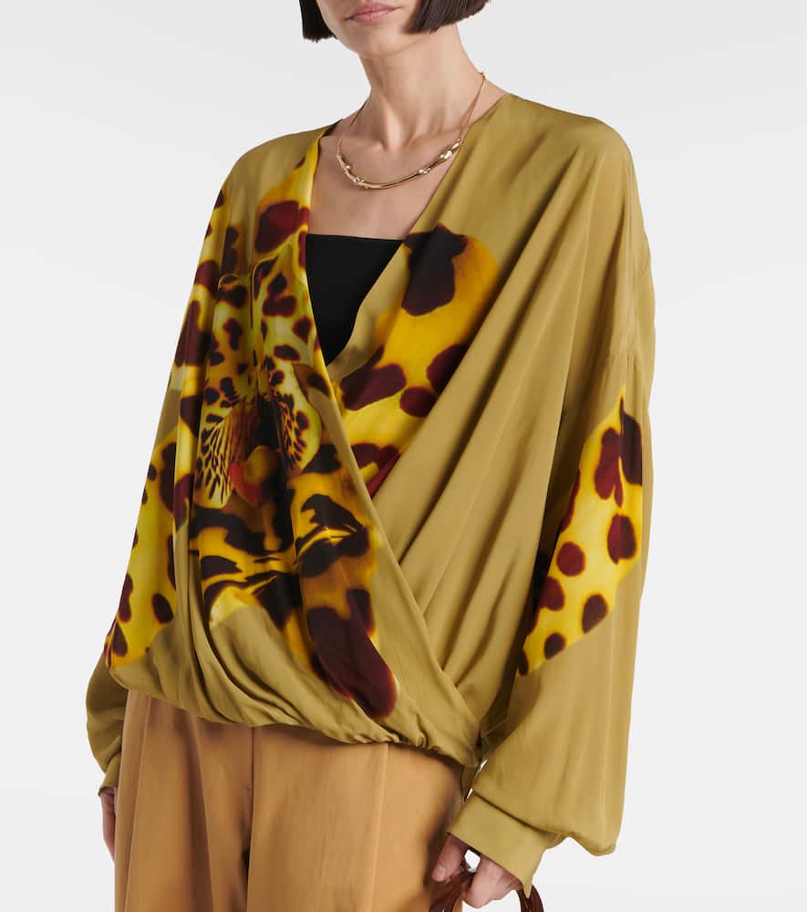 Printed draped satin blouse