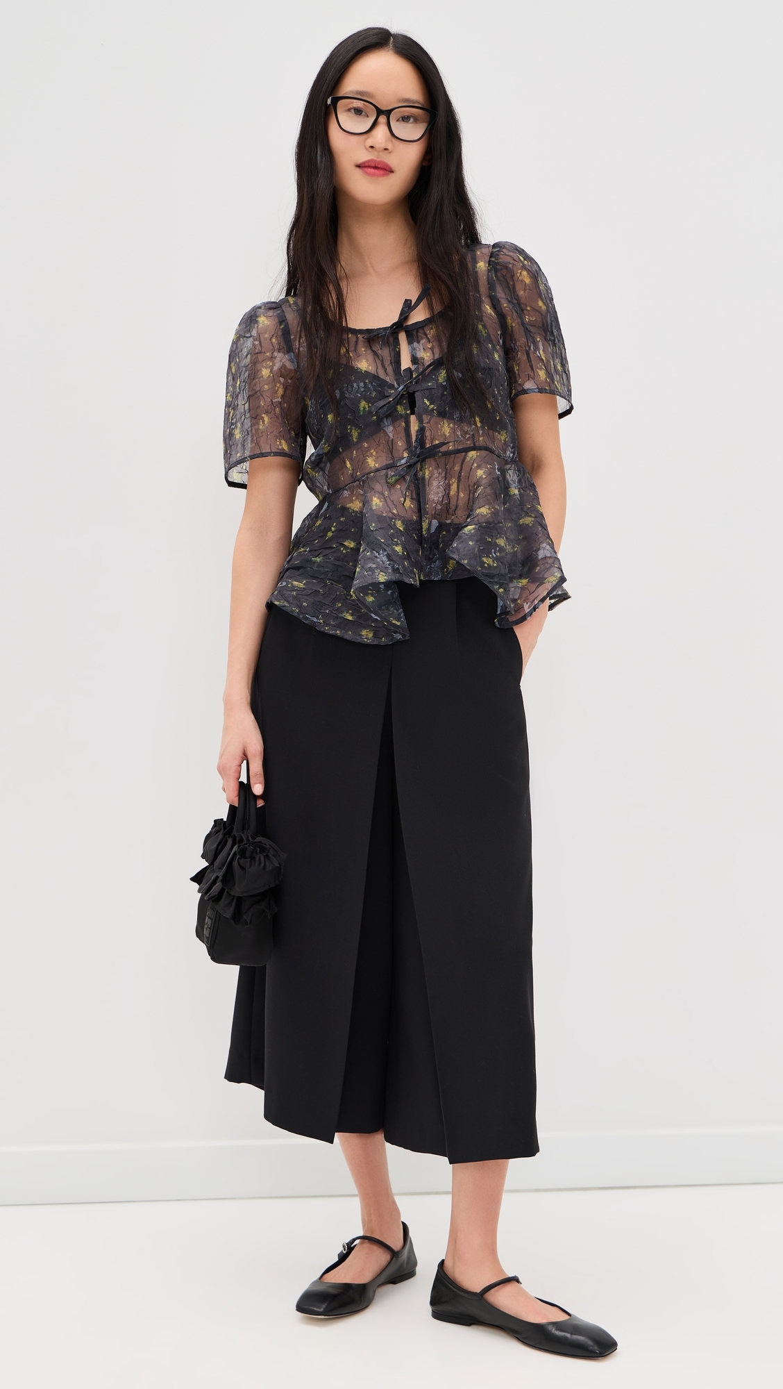 Printed Shibori Organza Sun Cut Peplum Blouse Black Sand