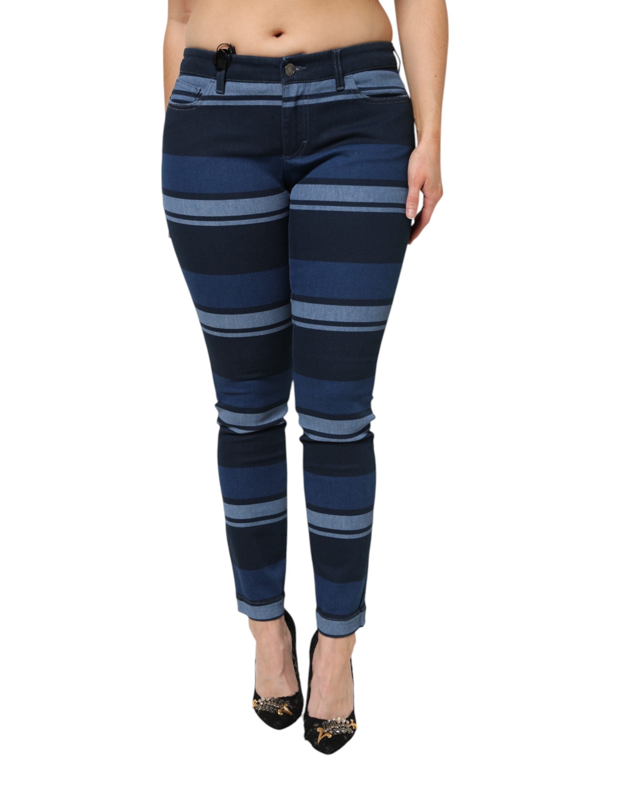 Blue Striped Cotton Stretch Jeans — Blue