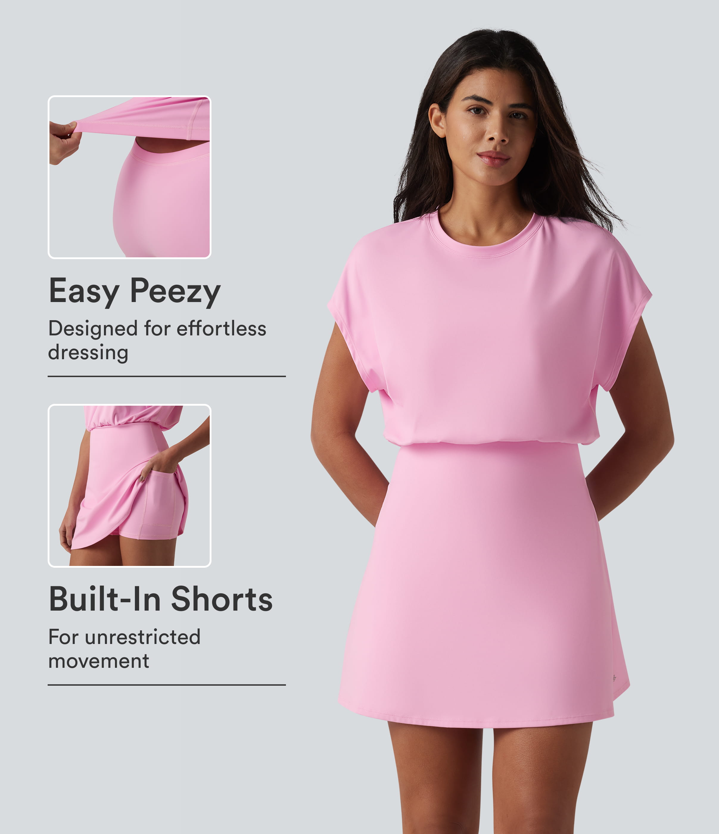 SoftlyZero™ Airy Round Neck Short Sleeve 2-in-1 Cool Touch Mini Yoga Active Dress with Pockets-Easy Peezy Edition Workout Dress - Nosegay
