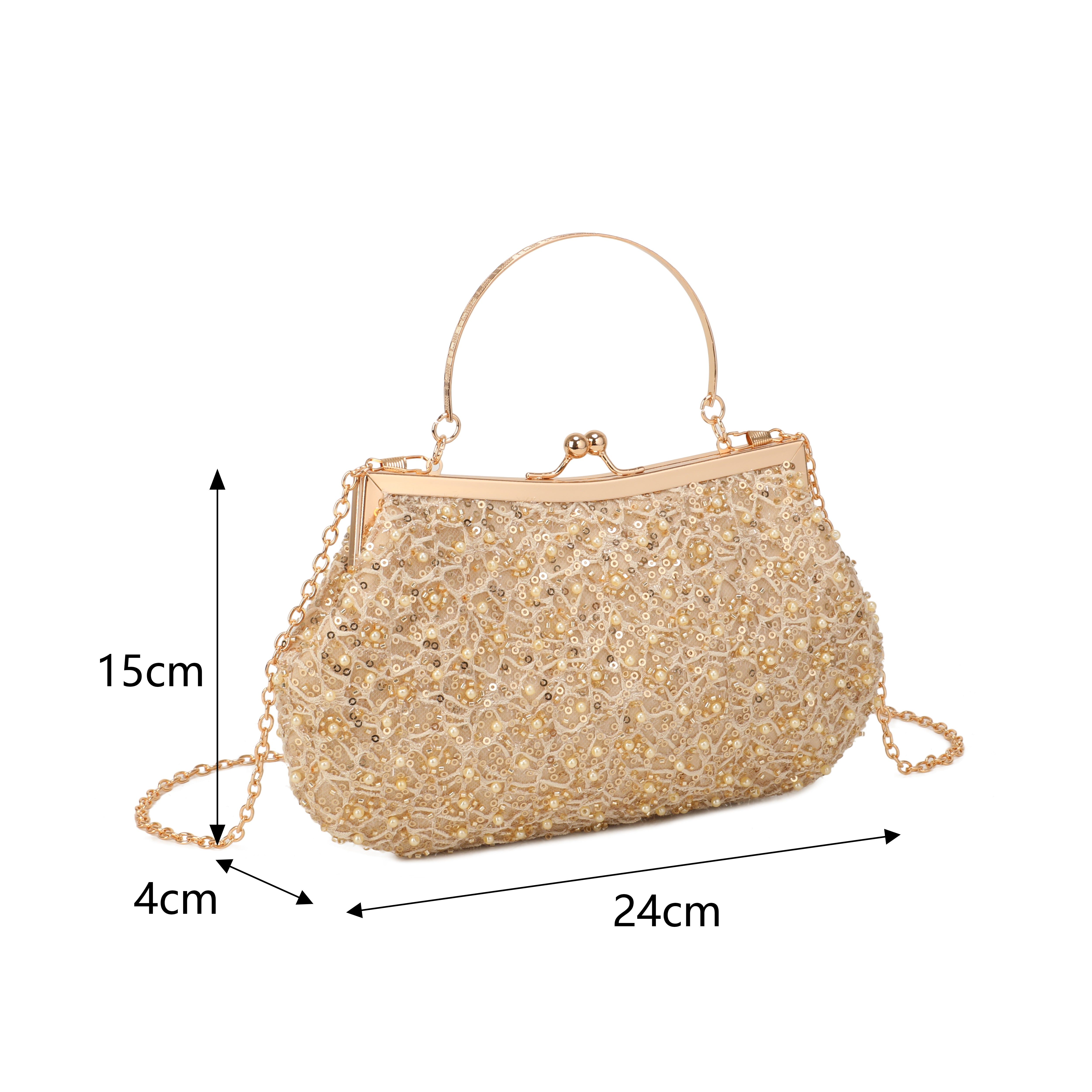 JFY Women's Metal Handle Kiss Clasp Beaded Evening Clutch Bags in Black