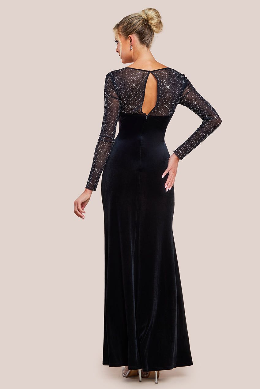 Hotfix Diamante Sleeve Front Split Velvet Maxi Dress