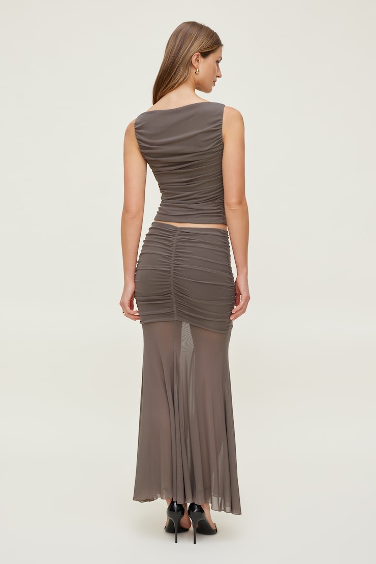 Ruched Mesh Maxi Skirt - Brown - Women Clothing