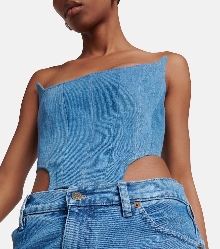 Floral-appliqué denim bustier