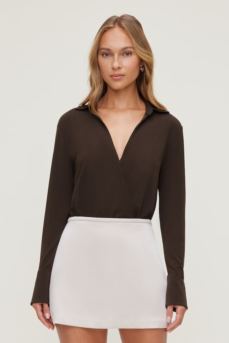 Sculpt Collared Bodysuit - Brown - Women Clothing