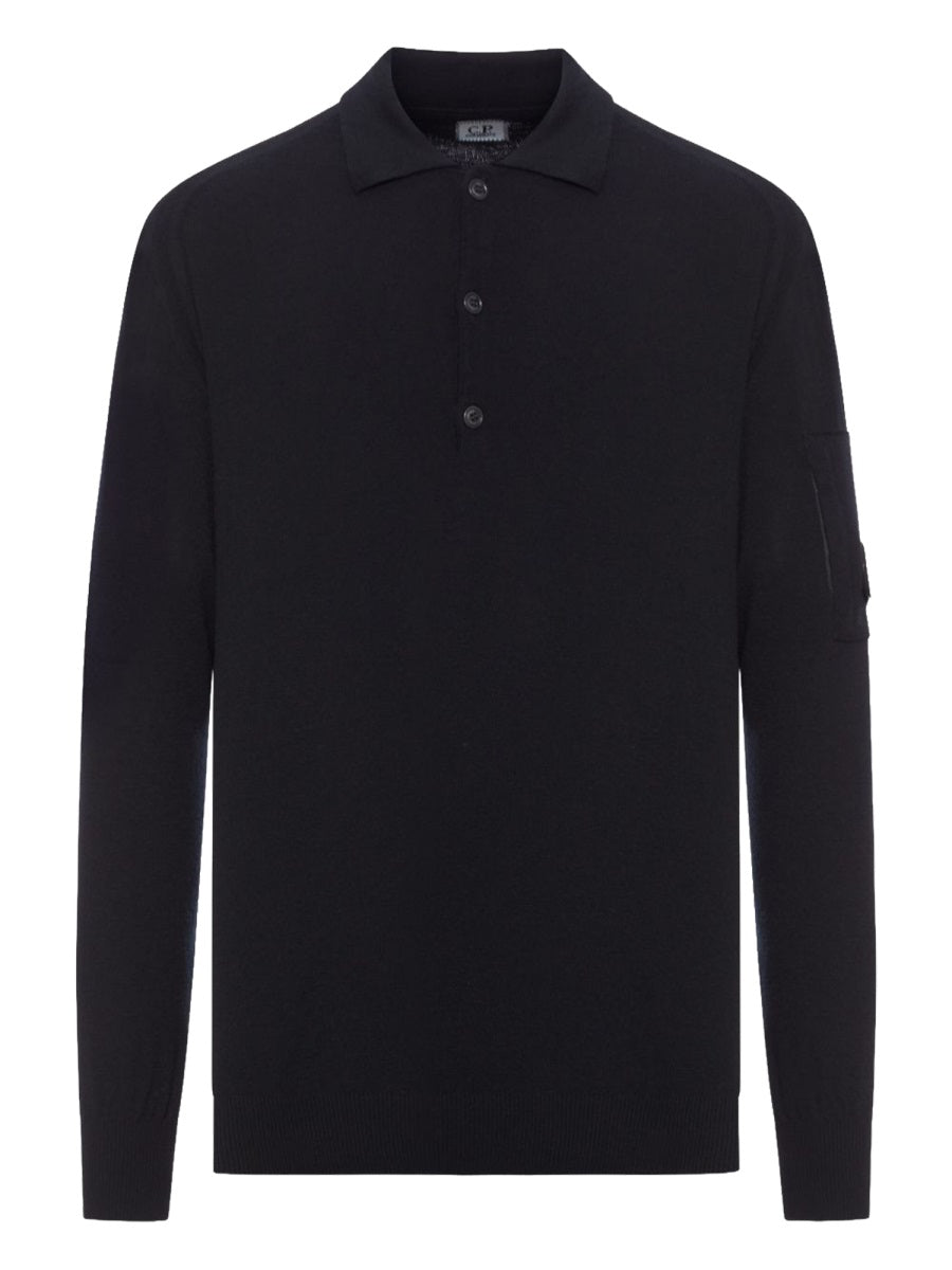 C. P. COMPANY Polo Sweater in Extrafine Merino Wool with Lens on the Left Sleeve