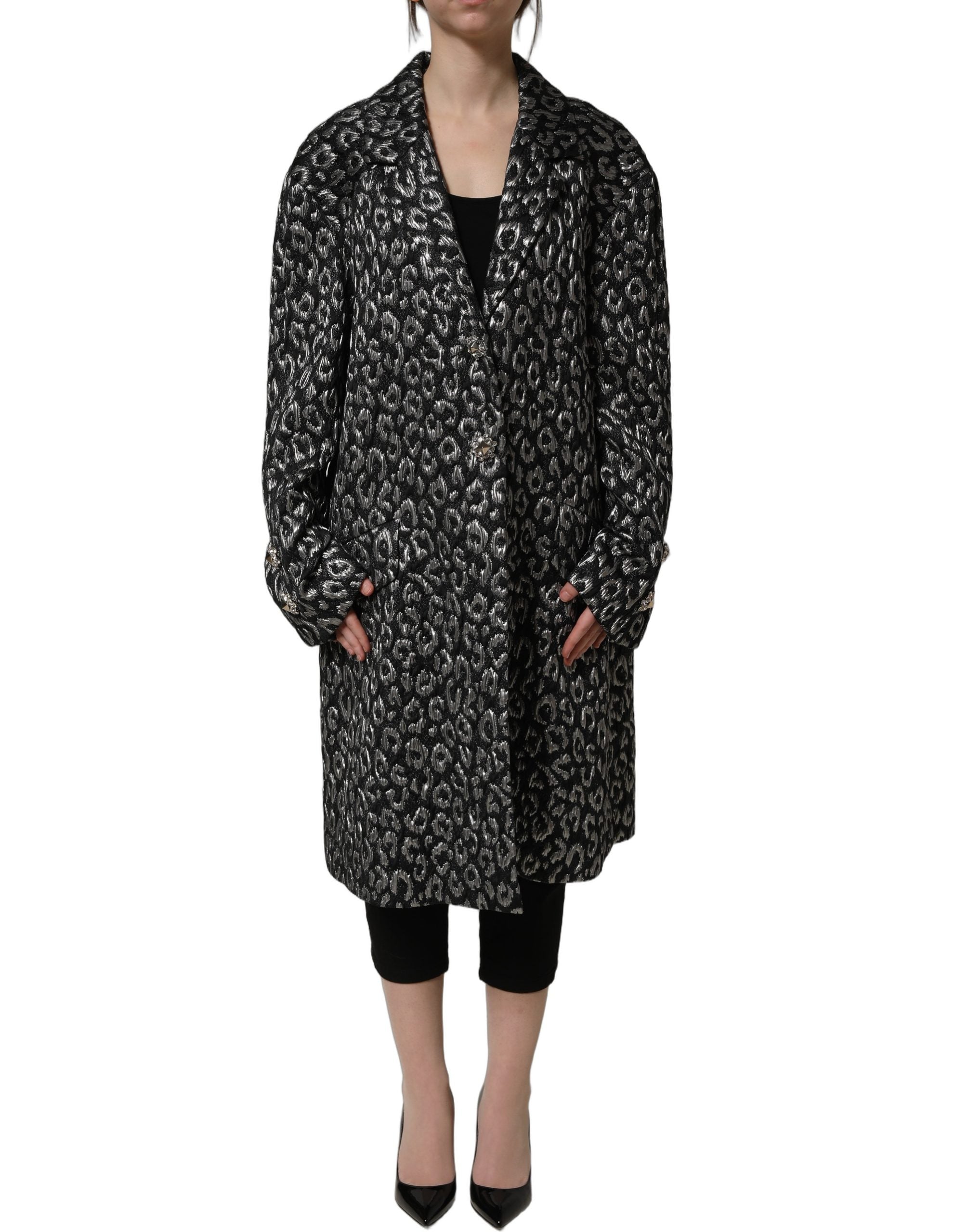 Black & Silver Leopard Jacquard Coat — Black