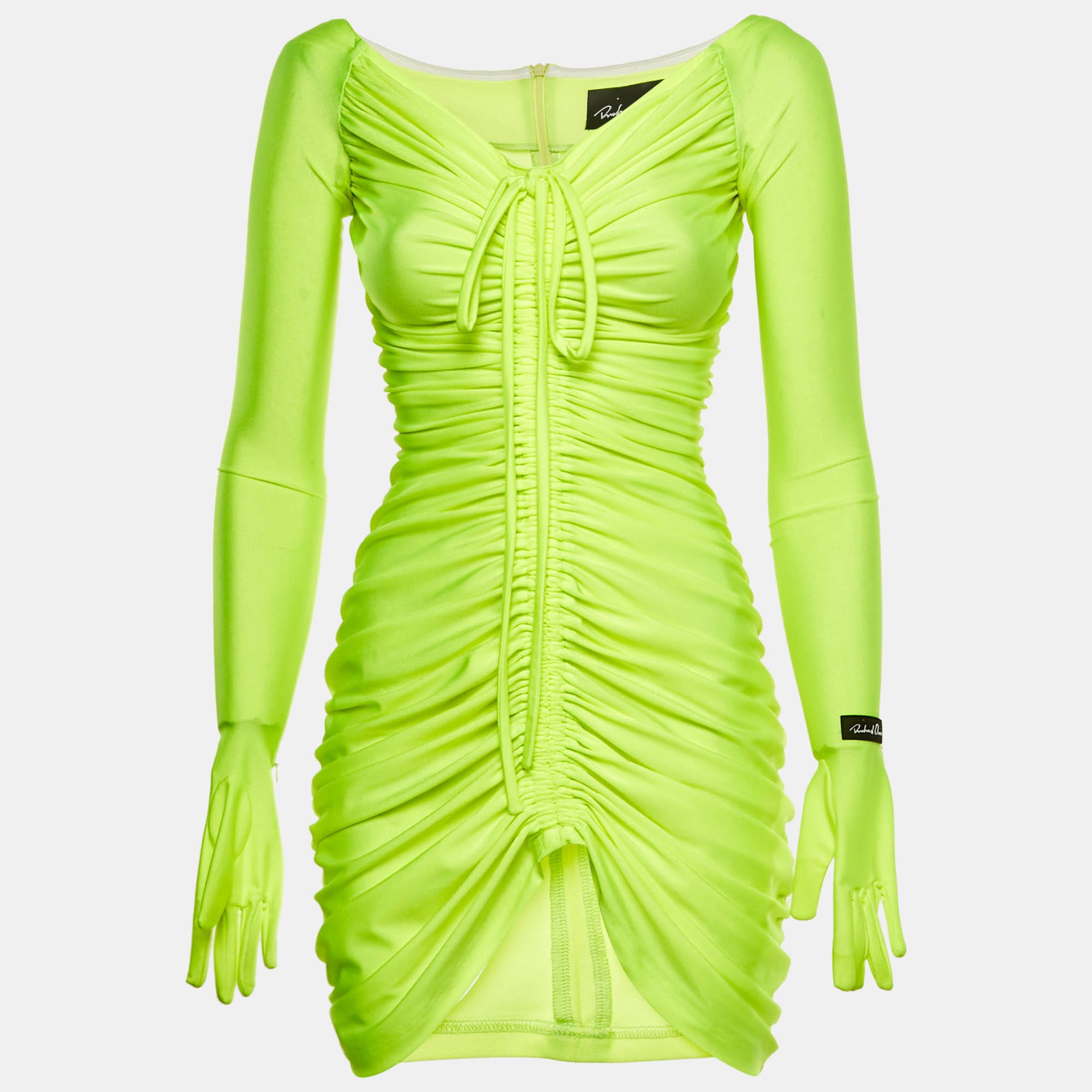 Neon Green Jersey Glove Detail Ruched Mini Dress