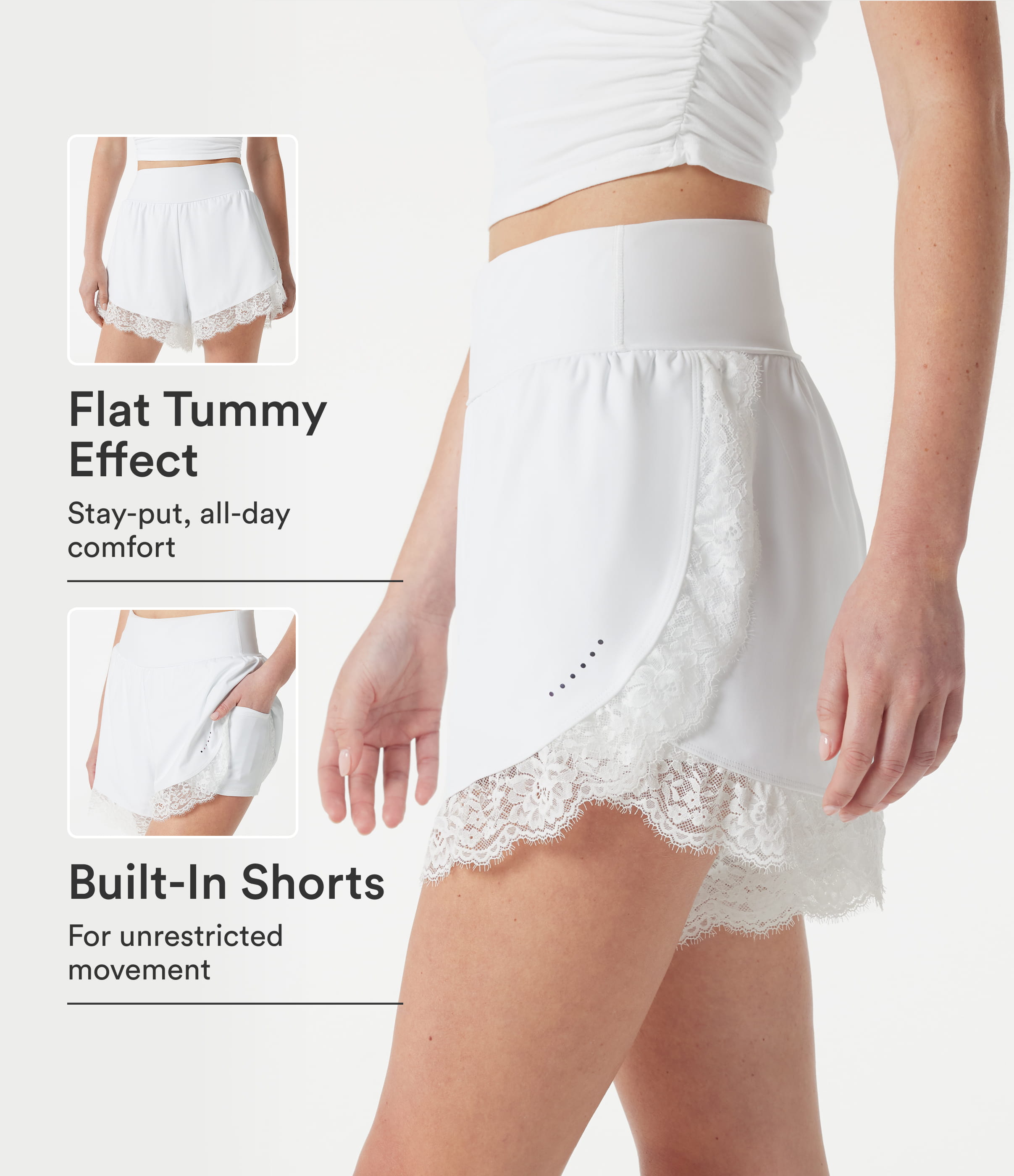 Softlyzero™ Airy High Waisted Tummy Control Lace Hem 2-in-1 Cool Touch Running Shorts 3'' with Pockets-UPF50+ Gym Short - White
